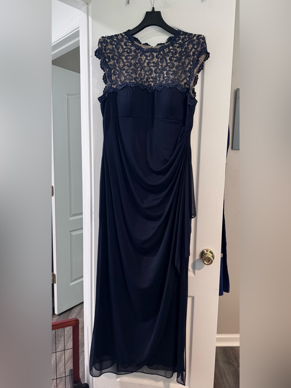 Alex Evenings Navy Lace Bodice Draped Evening Gown